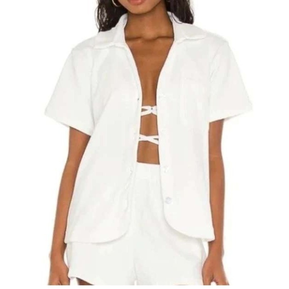 Frankies Bikinis Terry Cloth Shirt Womens‎ S White Button Up Beach Resort Top
